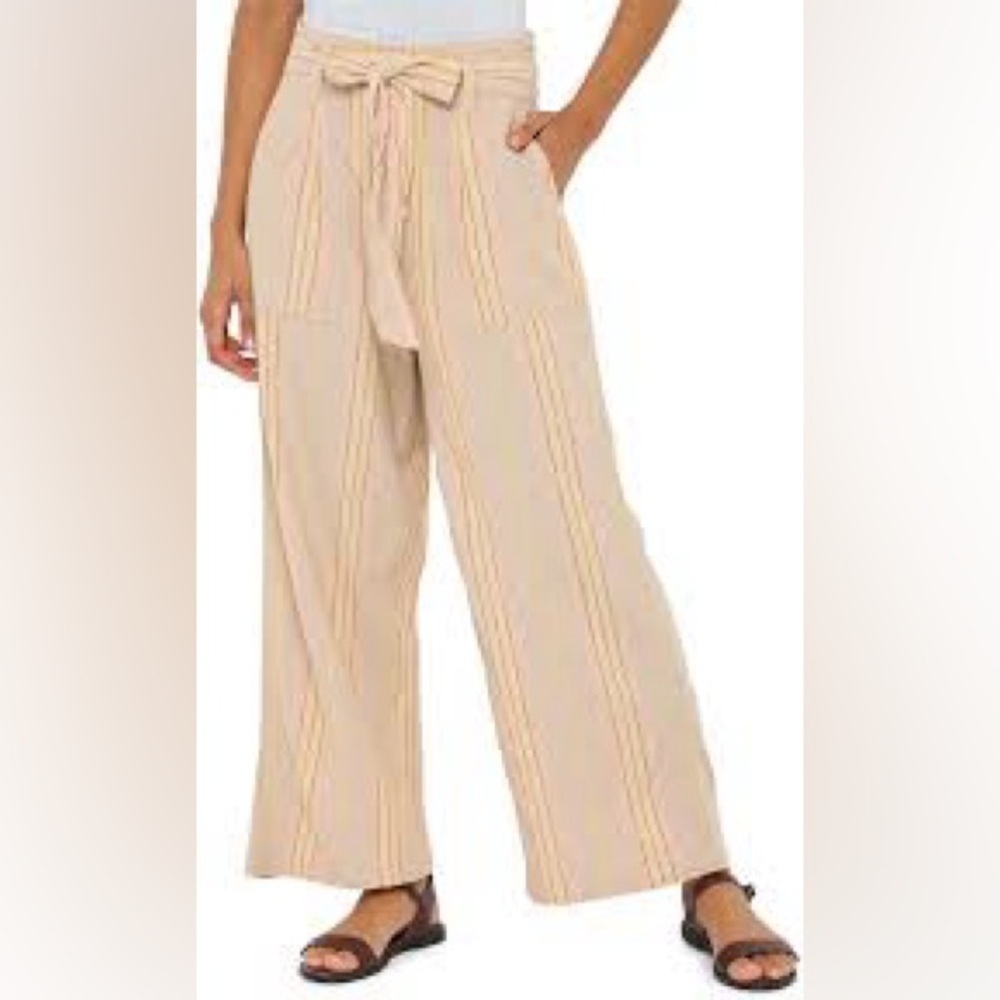 American Eagle Women Tie Waist Paper Bag Pants Striped Cotton Linen blend